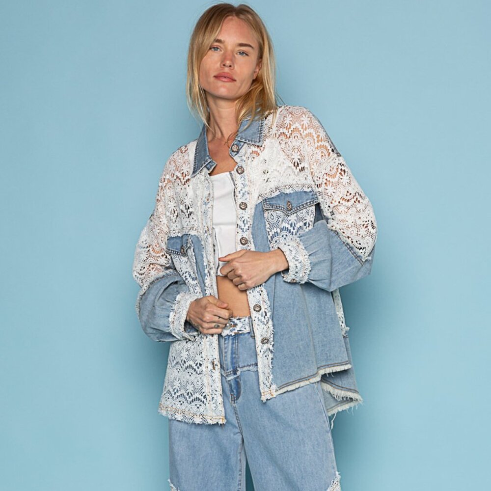 POL Twill Lace Denim Shacket Jean Jacket